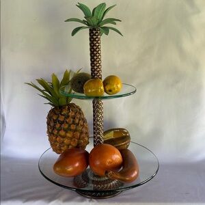 VINTAGE! MACY’s BEAUTIFUL TWO TIERS GLASS METAL STAND WITH ARTIFICIAL FRUITS